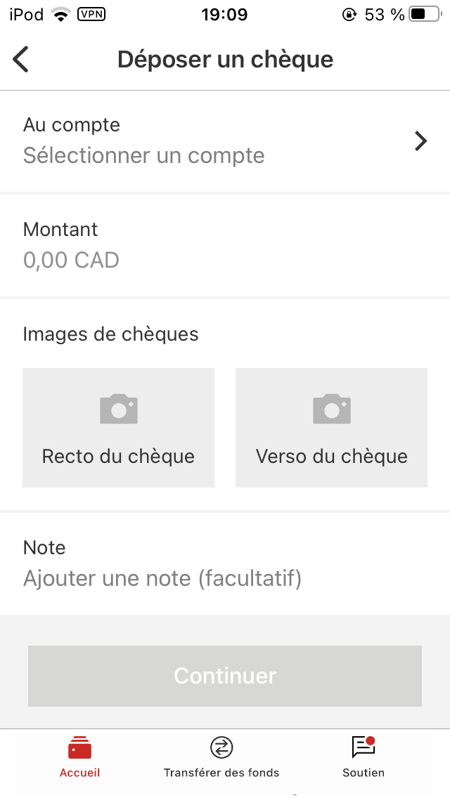Image reference on how to deposit a cheque: From the main menu, select Move Money, then Deposit cheque