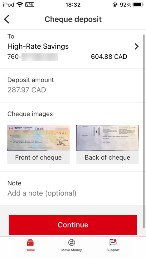Image reference on how to deposit a cheque: Take a photo of the front of the cheque.